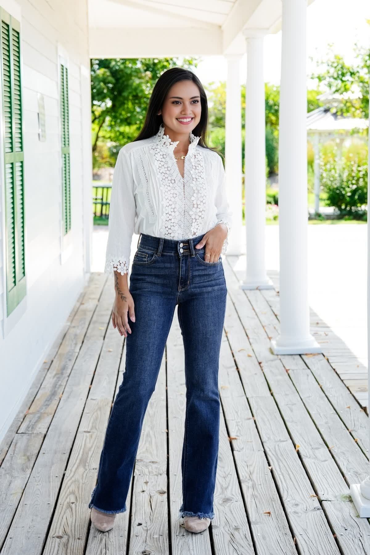 Vintage Double Button Frayed Hem Bootcut Jeans (Buy 2 Free Shipping)