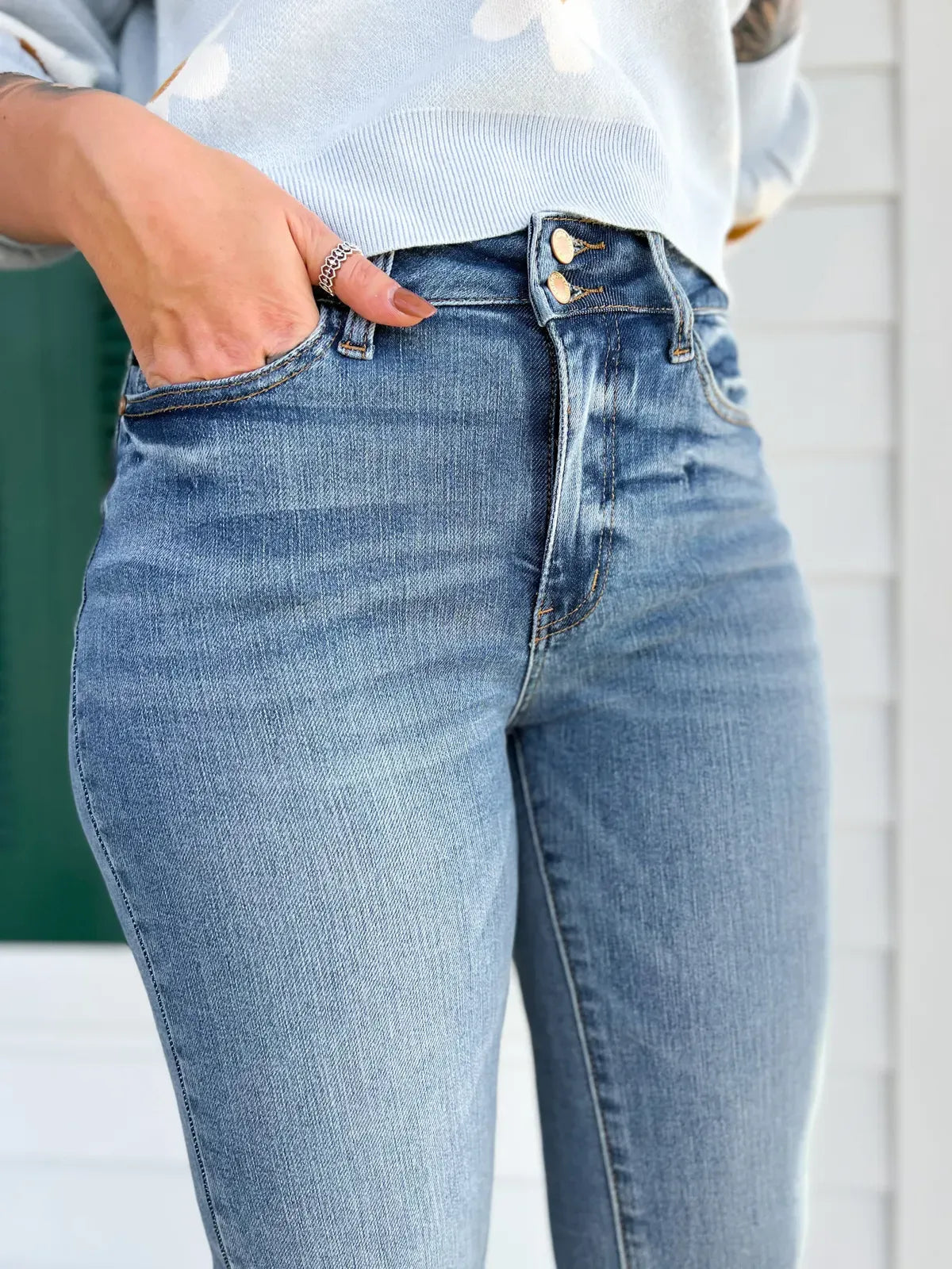 Vintage Double Button Frayed Hem Bootcut Jeans (Buy 2 Free Shipping)