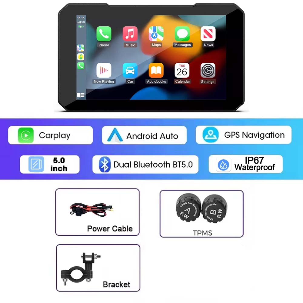 Motorcycle Wireless Touch Screen 5-inch - CarPlay & Android Auto